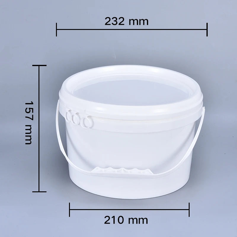A white leakproof food grade storage bucket with dimensions 232 mm by 157 mm and 210 mm.