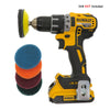 A yellow and black DEWALT 18V XR cordless drill with a yellow scouring pad attached, next to three colored foam pads.