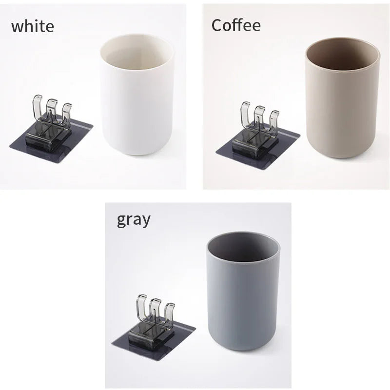 A multi-use wall mounted cup and toothbrush organizer in white, coffee, and gray colors.