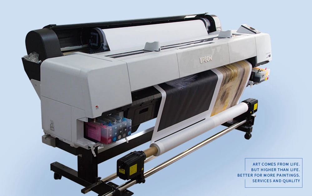 A white Epson printing machine is shown with a canvas print being processed.