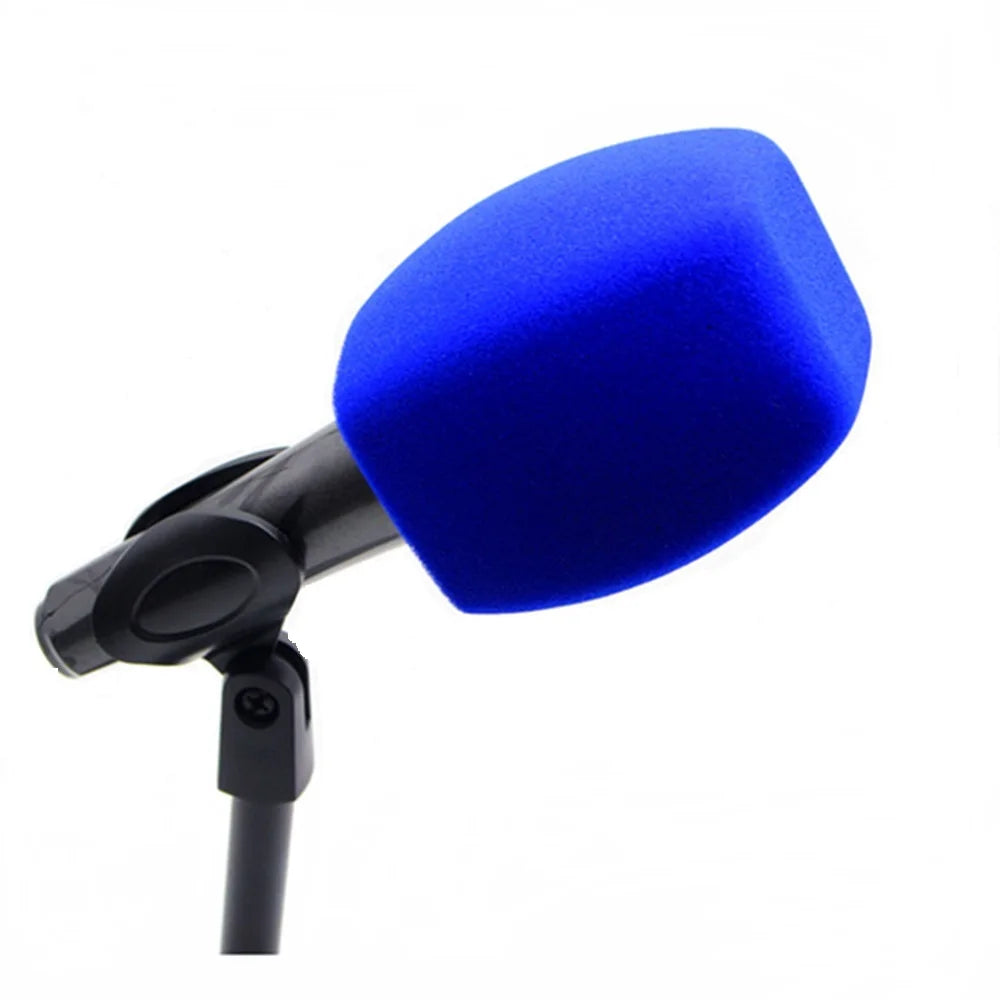 Blue foam microphone windscreen with a black mounting clip and shaft