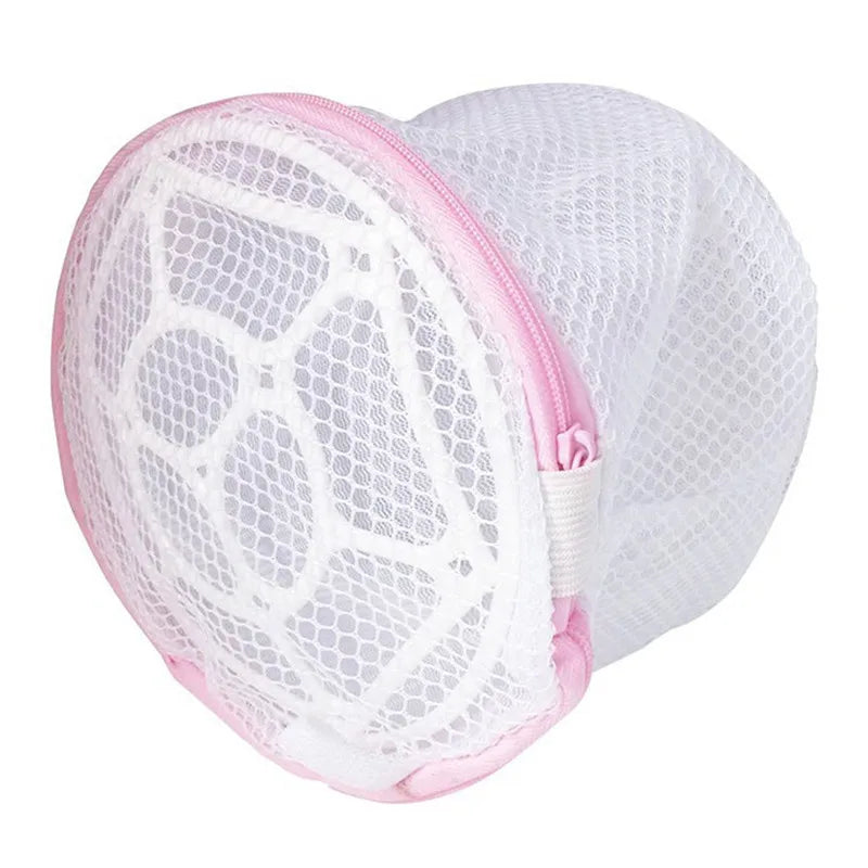 White and pink reusable mesh lingerie washing bag