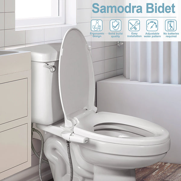 A white ceramic toilet with a mounted Samodra bidet attachment and surrounding bathroom fixtures.