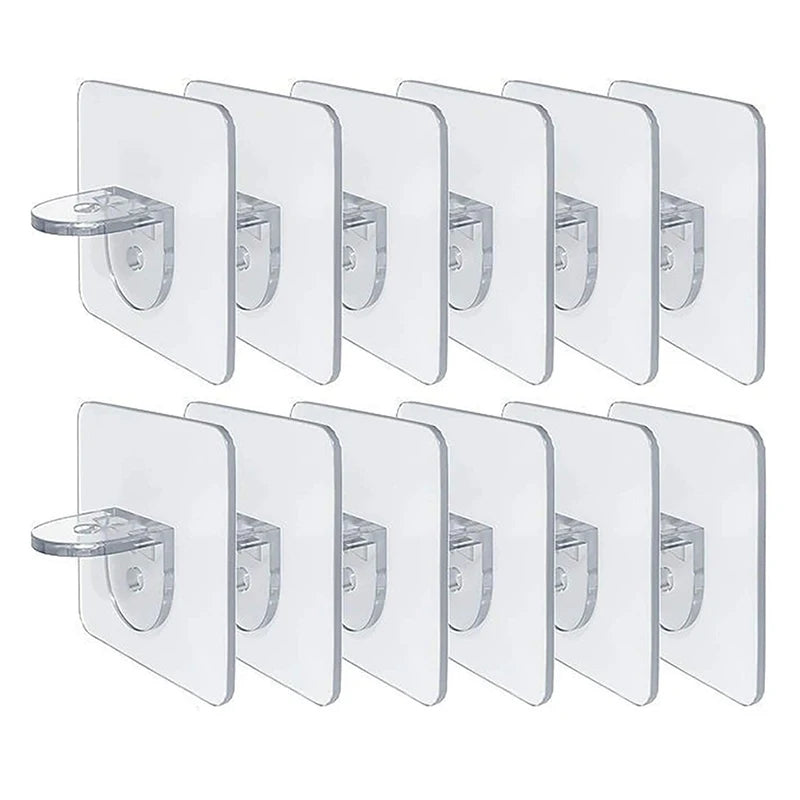 A set of clear adhesive shelf support pegs for cabinets and closets.