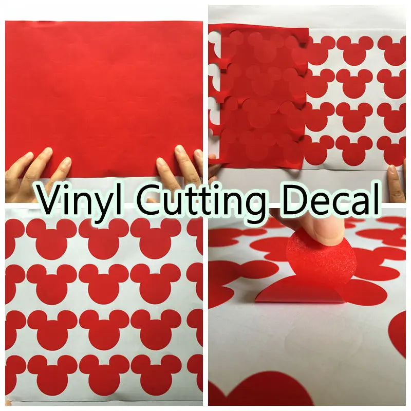 Red vinyl cutting decals featuring Mickey Mouse heads used for laundry jar and bottle labels