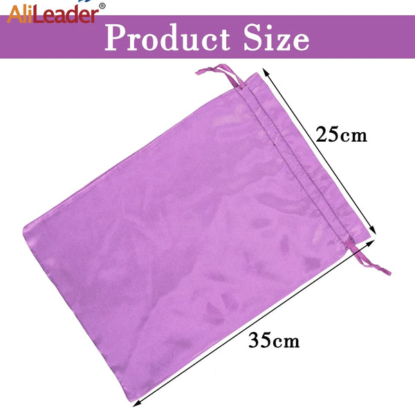 Purple satin storage bag for hair extensions, showing the product size.