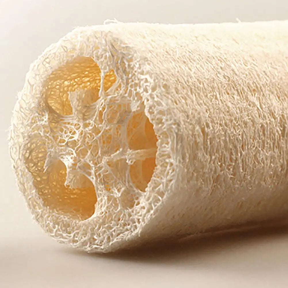 A roll of natural loofah sponge showing the porous, light yellow interior.