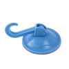A blue suction cup hook with a curved handle used for hanging items on smooth surfaces.