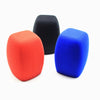 Three foam microphone windscreens in red, black, and blue.