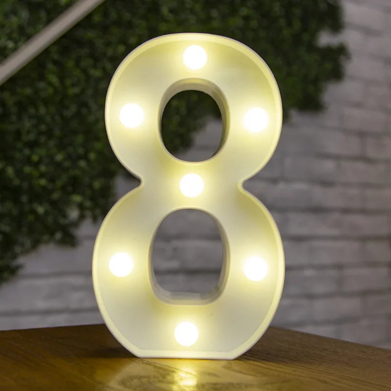 A glowing white LED light shaped like the number 8, featuring multiple illuminated dots.