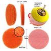 Various sizes of orange and pink scouring pads are shown, including a soft pad and a backing pad.