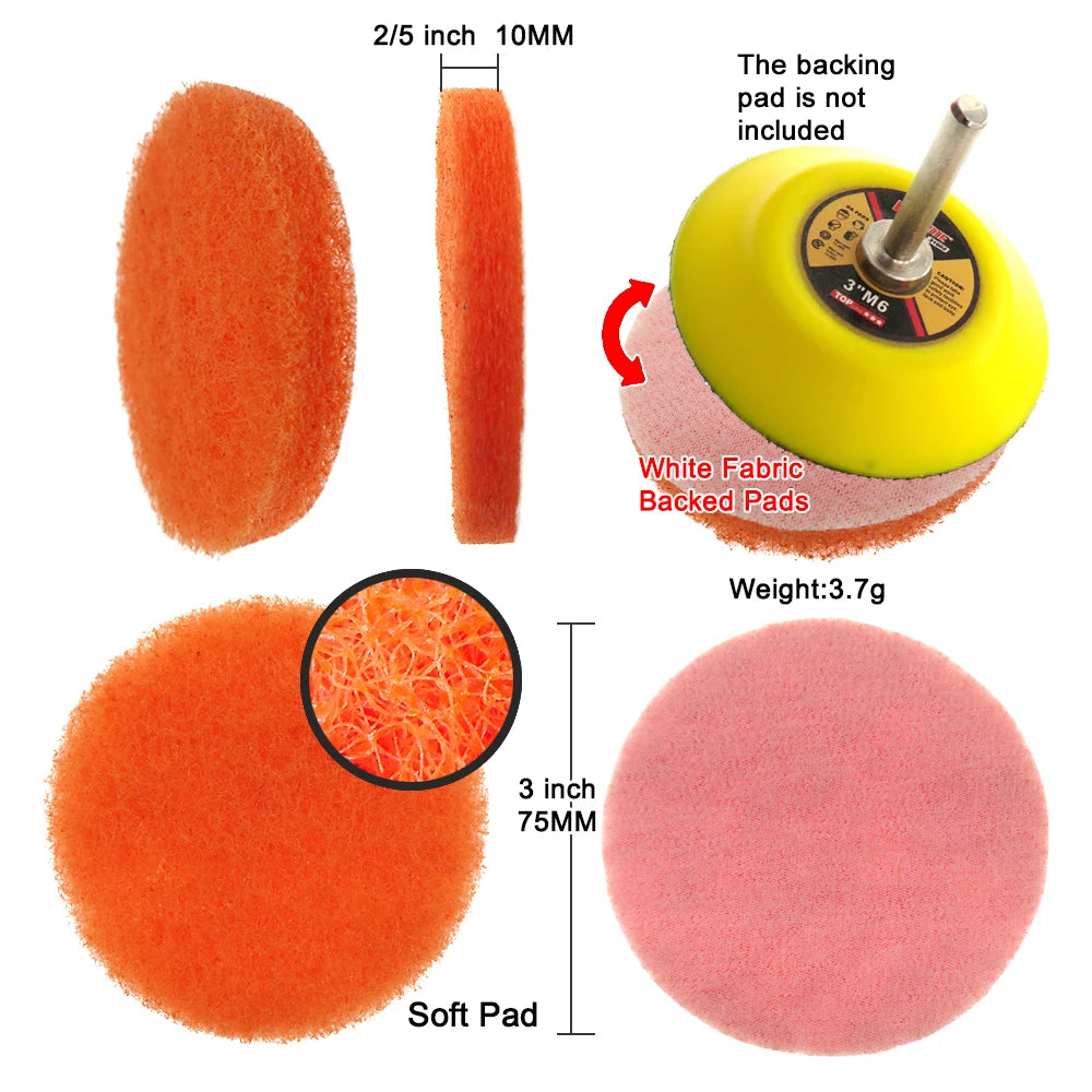 Various sizes of orange and pink scouring pads are shown, including a soft pad and a backing pad.