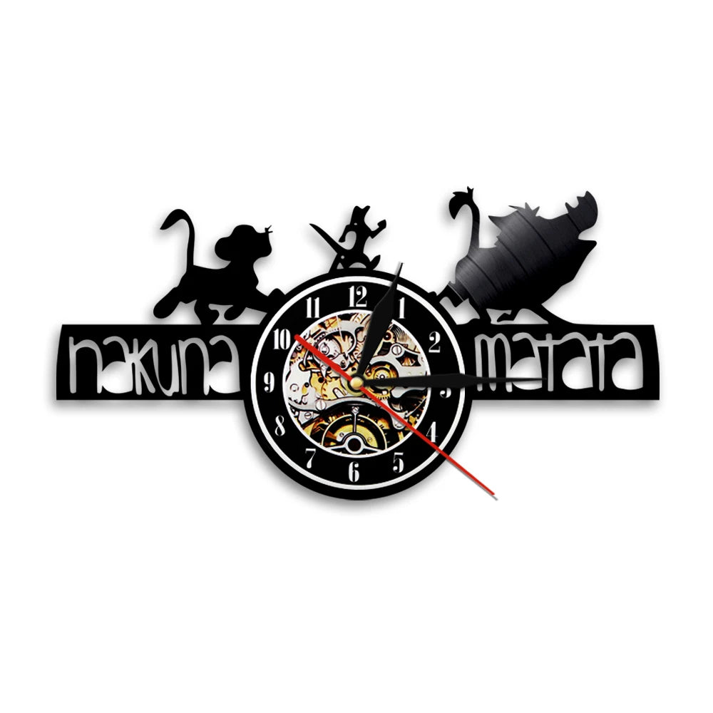 A black vinyl record wall clock featuring stylized animal figures and a clock face.