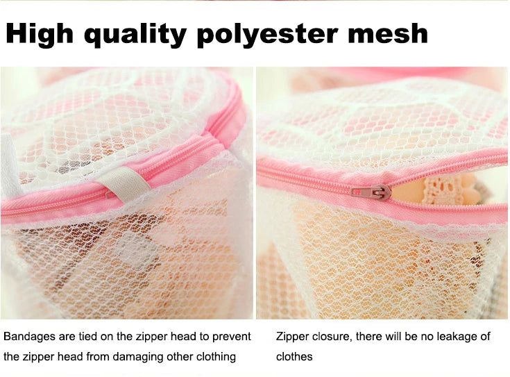 Close-up of a pink polyester mesh bag used for storing bandages, showing the zipper closure.
