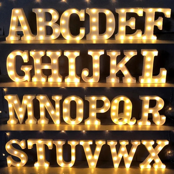 A display of individual letter LED lights spelling out the English alphabet in a row