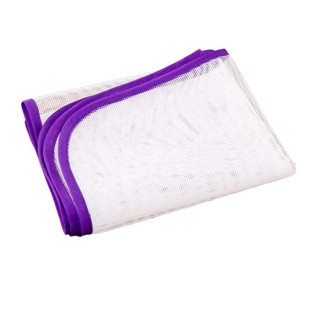 A purple and white ironing cloth folded and displayed.