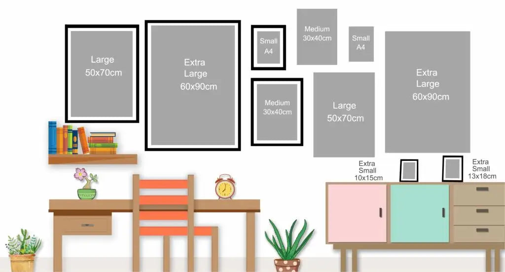 A display of various sized framed art prints and canvases on a wall, next to a wooden desk and chair.