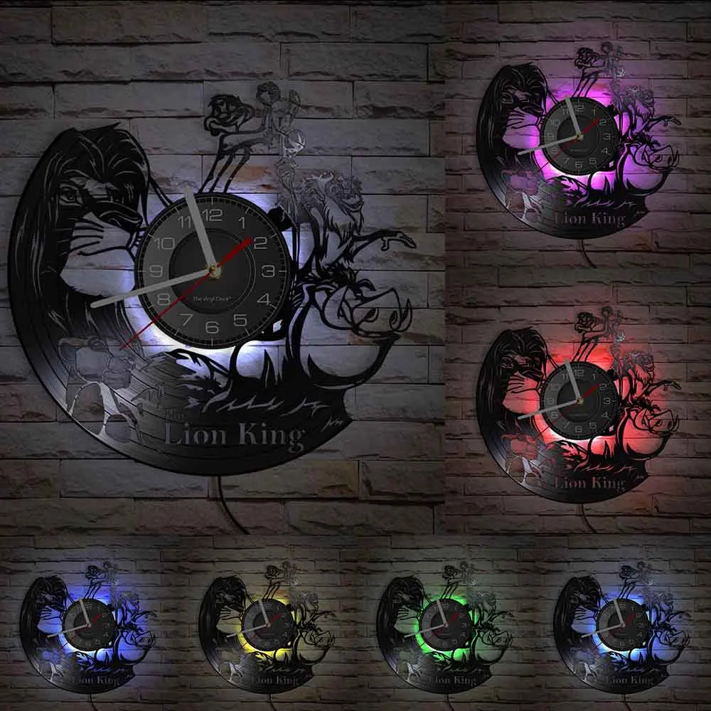 A collection of vinyl record wall clocks featuring a lion king theme and various colored lighting.