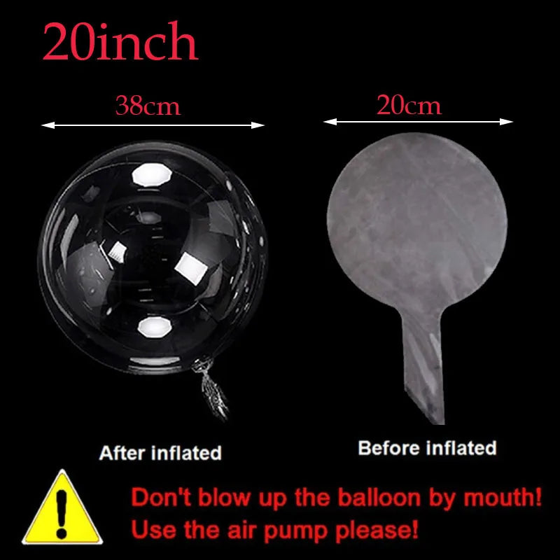 A black inflated balloon next to its deflated state, showing the size difference and an instruction not to blow up the balloo