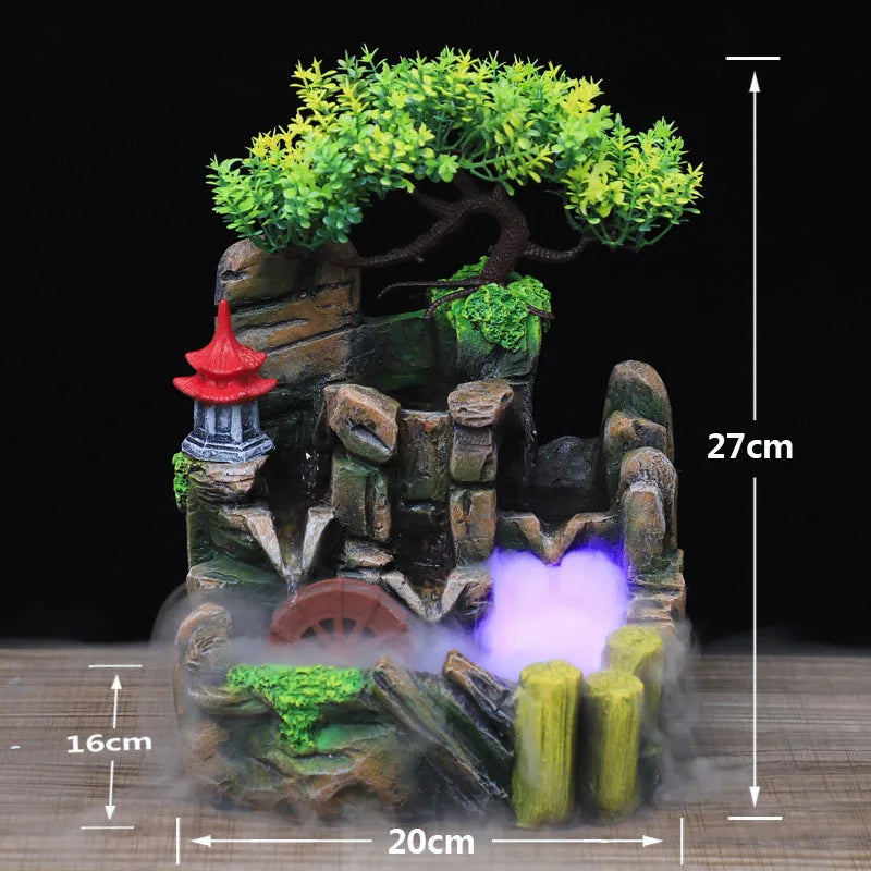 A resin water fountain featuring a mossy rock structure with a red pagoda and glowing purple water.