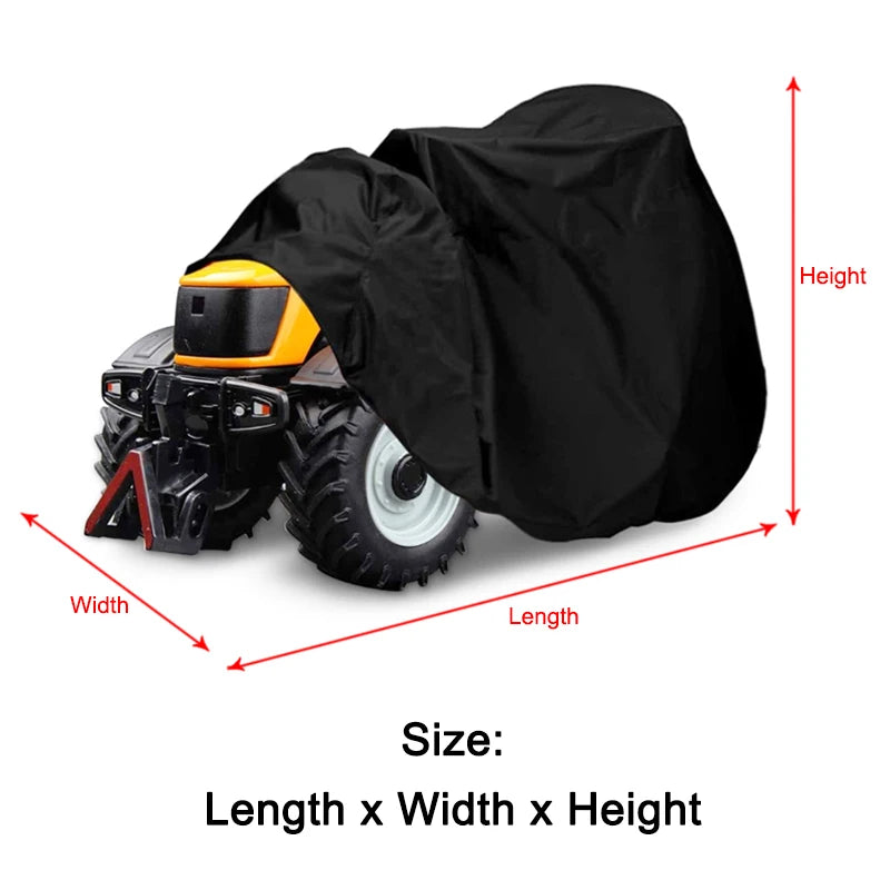 Cubierta de polvo negro para un tractor de césped multiuso, mostrada con líneas de dimensión.