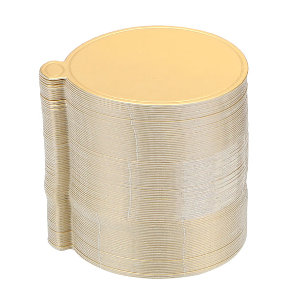 A stack of 100 disposable gold round cake display boards.