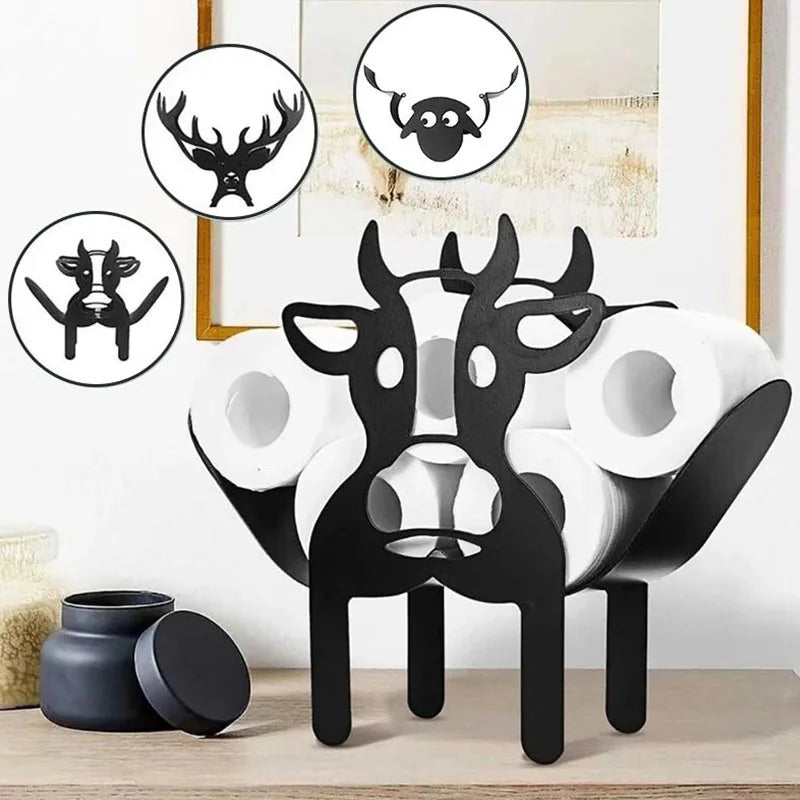 Black novelty animal toilet paper holder and storage rack featuring a deer head design.