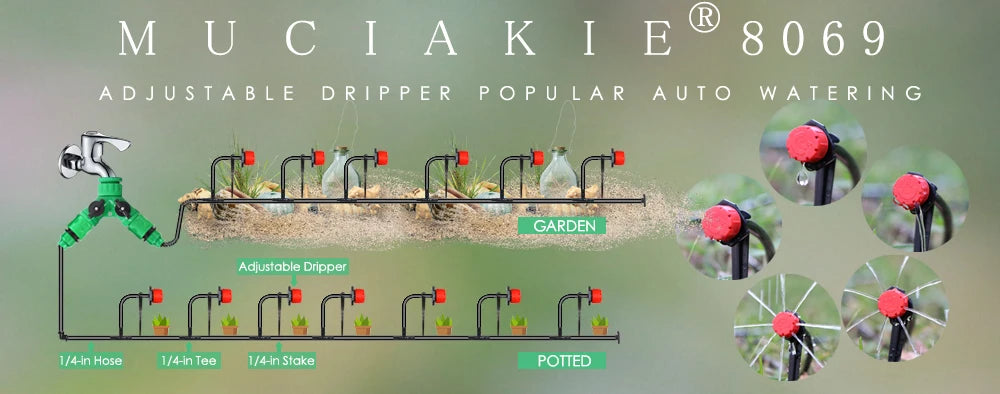Adjustable dripper watering system with various sized drippers for garden and potted plants