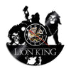 A black vinyl record wall clock featuring a lion, a tiger, and a bear silhouette.
