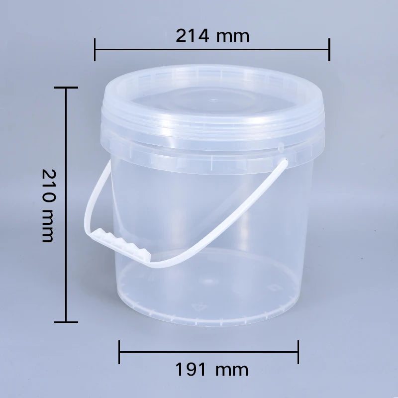 A clear plastic storage bucket with a lid and a handle, shown against a light gray background.