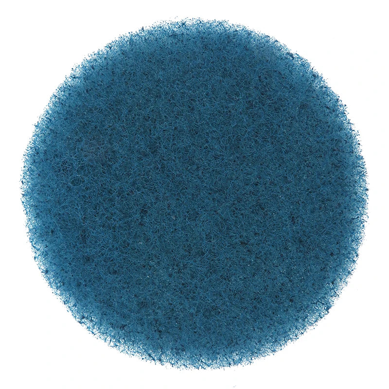 A circular image of a dark teal or blue scouring pad product.
