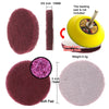 Various scouring pads including a pink soft pad and a yellow backing pad for cleaning
