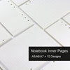A close-up view of white notebook inner pages showing various ruled and grid designs for A5/A6/A7 notebooks.