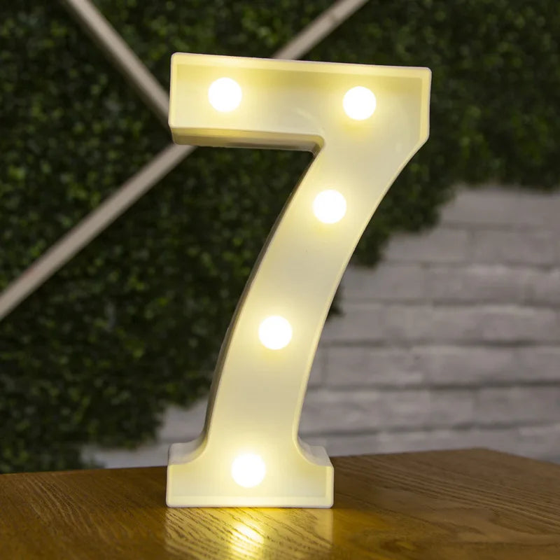 A glowing white LED light shaped like the number seven, displayed on a wooden surface against a green background.