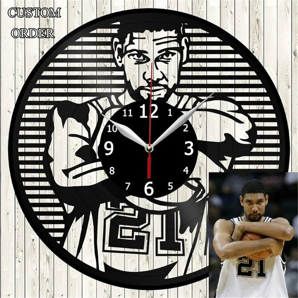 Black vinyl record wall clock featuring a graphic of a basketball player and the number 21