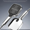 A silver handheld shower head is shown next to its packaging, highlighting features like 4 spray outlets, 150 psi water outle