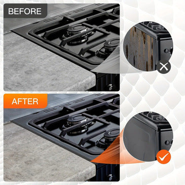 Before and after comparison showing stainless steel stove gap covers installed on a stovetop.