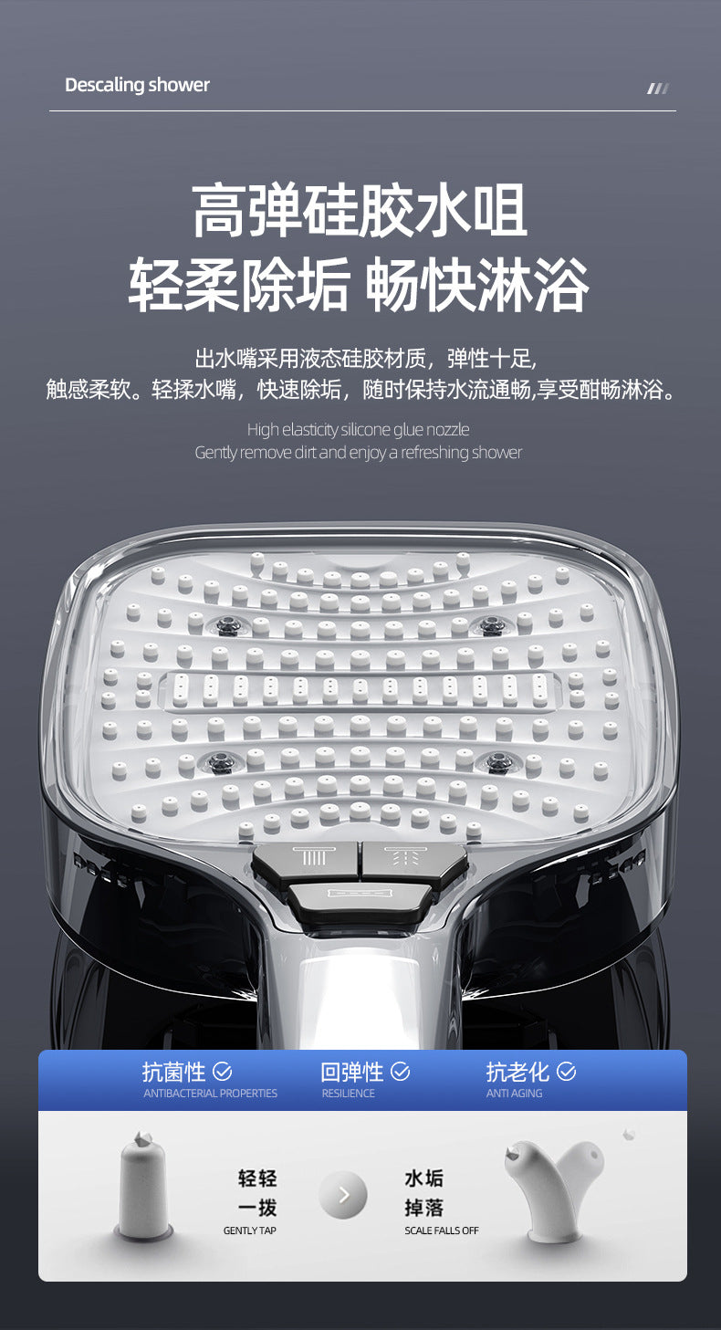 A silver high-pressure handheld shower head is shown with various spray modes and features.