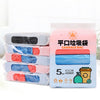 A pack of five pink garbage bags with blue and red accents, designed for easy tying.