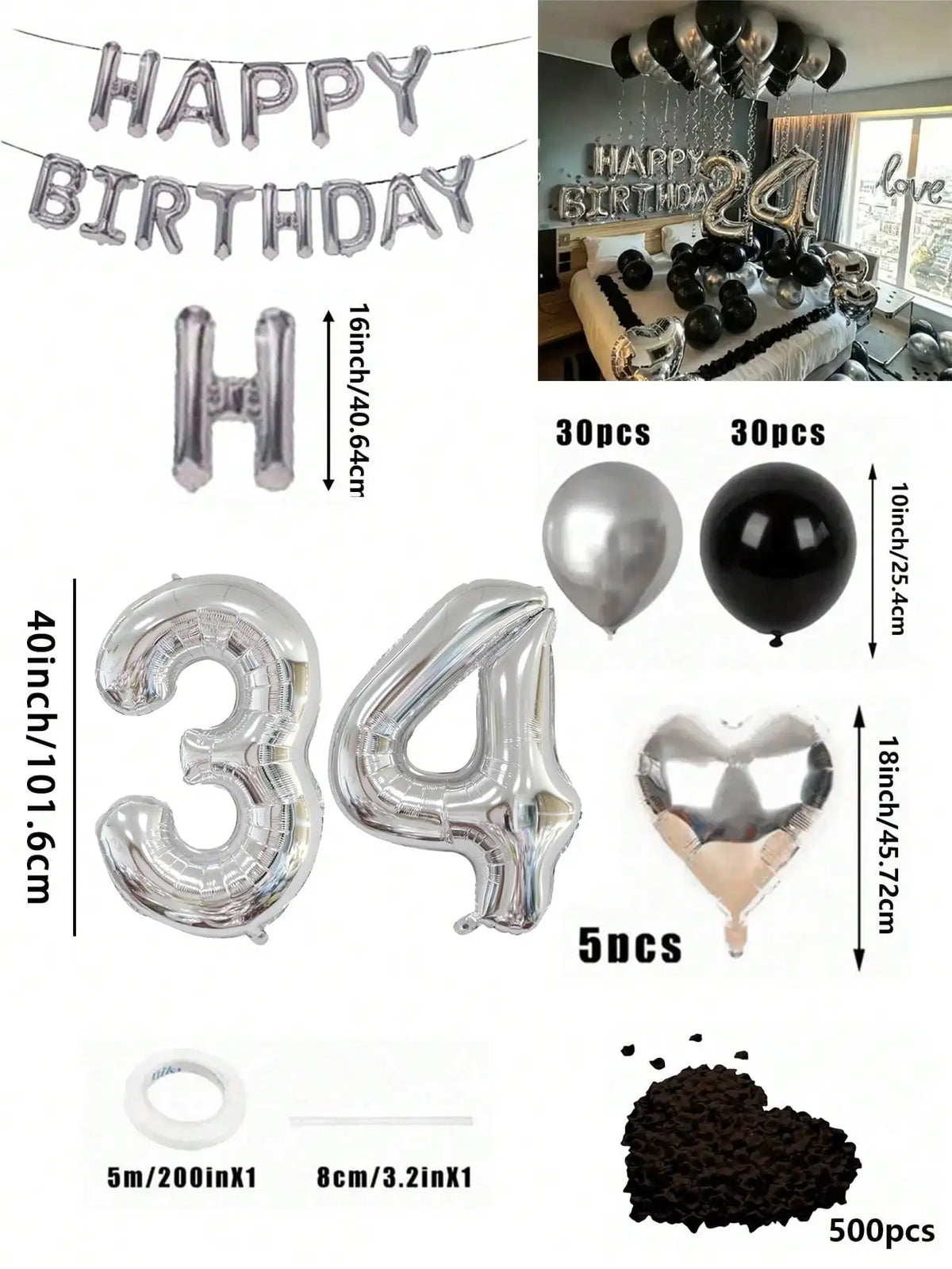 Un juego de globos con números, formas de corazón y polvo marrón oscuro en plata y negro.
