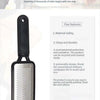 A black professional foot file with a stainless steel plate is shown for removing dead skin layers and calluses.
