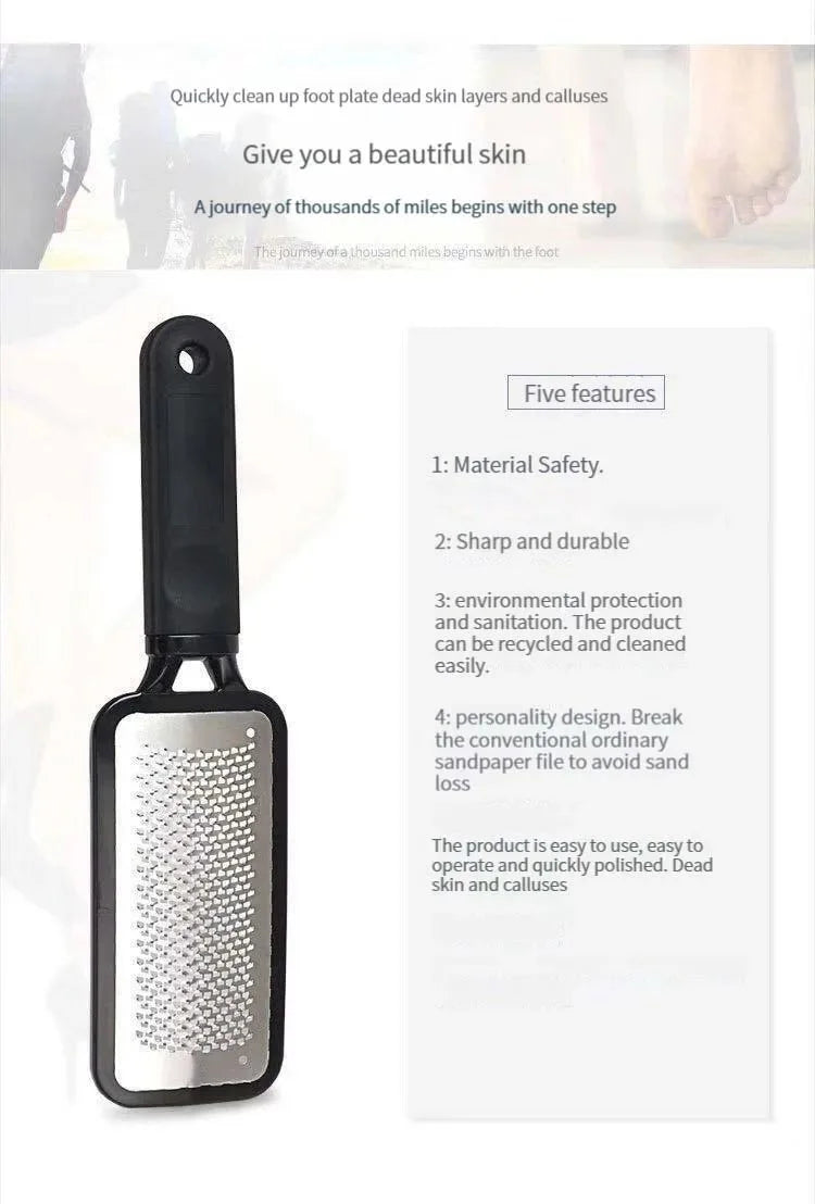 A black professional foot file with a stainless steel plate is shown for removing dead skin layers and calluses.