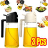 Three glass oil spray bottles filled with golden cooking oil shown in various contexts.