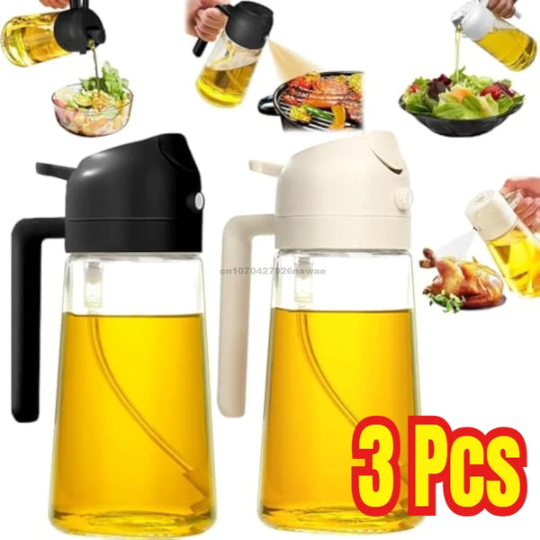 Three glass oil spray bottles filled with golden cooking oil shown in various contexts.
