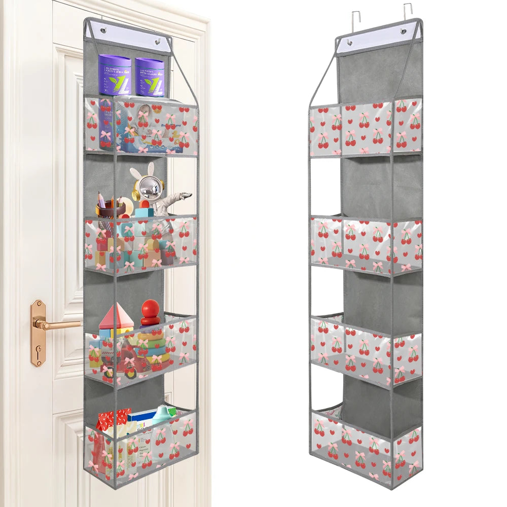 A tall, vertical over-the-door fabric storage organizer with multiple clear pockets for small items.