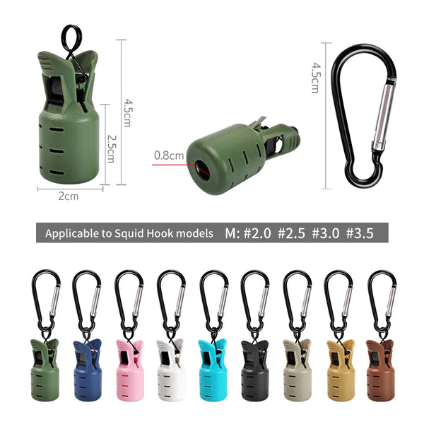 A set of silicone hook protectors in various colors and sizes for squid fishing lures