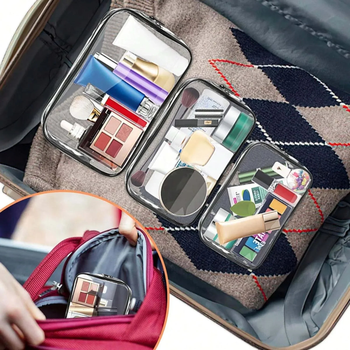 An open portable clear cosmetic organizer bag showing various makeup and skincare products inside.