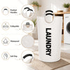 A white laundry hamper with padded handles, collapsible design, waterproof feature, and soft grip.