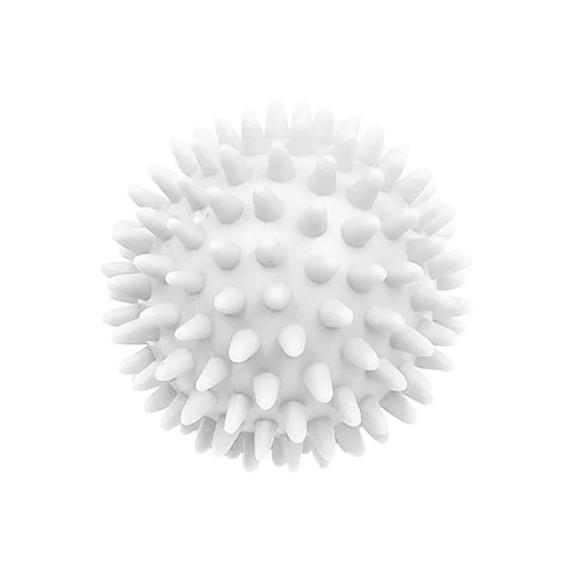 A spherical ball of white reusable laundry balls for clothes and machines