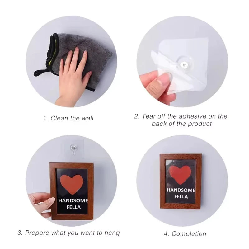 Step-by-step guide showing how to clean a wall, tear off adhesive, prepare picture hangers, and complete the installation.